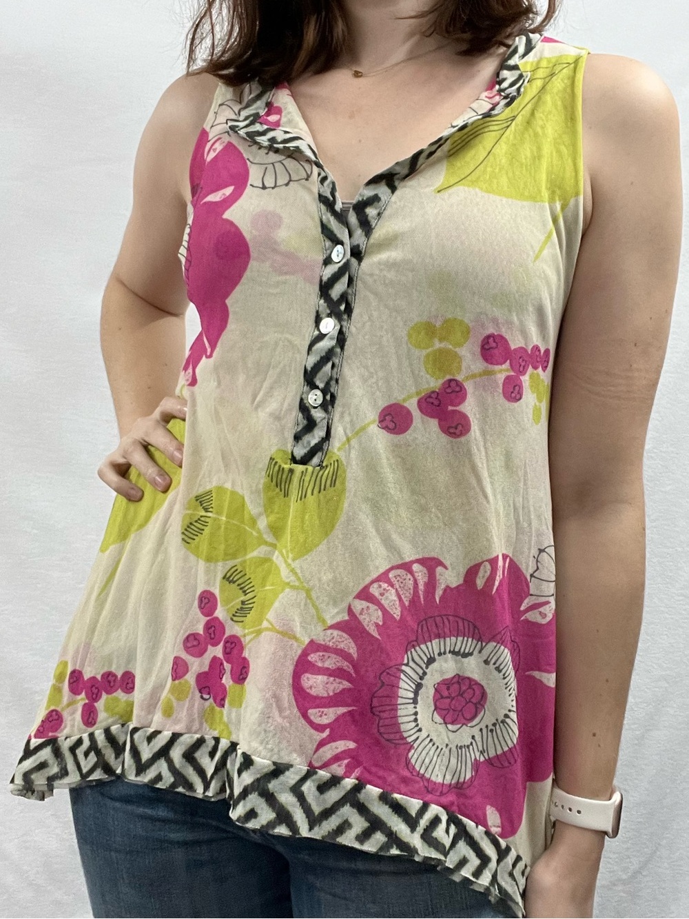 Floral Button-Front Sleeveless Tank Top - Pink & Lime